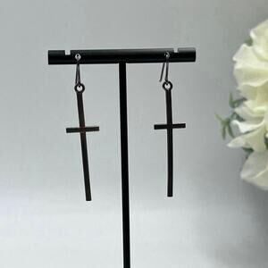 Sterling Silver 925‎ Thin Long Cross Dangle Earrings